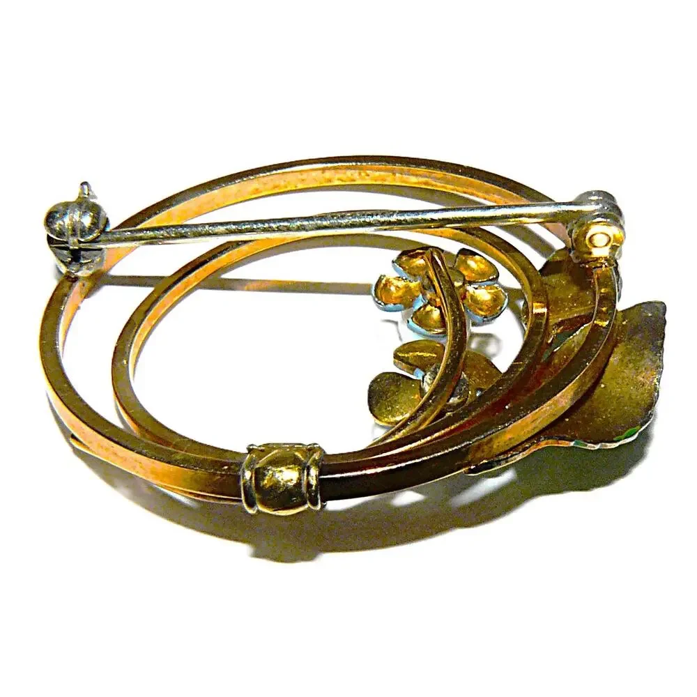 Krementz Vintage Gold Tone Circle Brooch Pin Enamel Leaves Blue Forget Me Nots